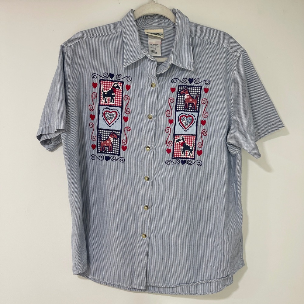 Northern Reflections Embroidered Dog Shirt Womens Large Blue Pinstripe | Novelty